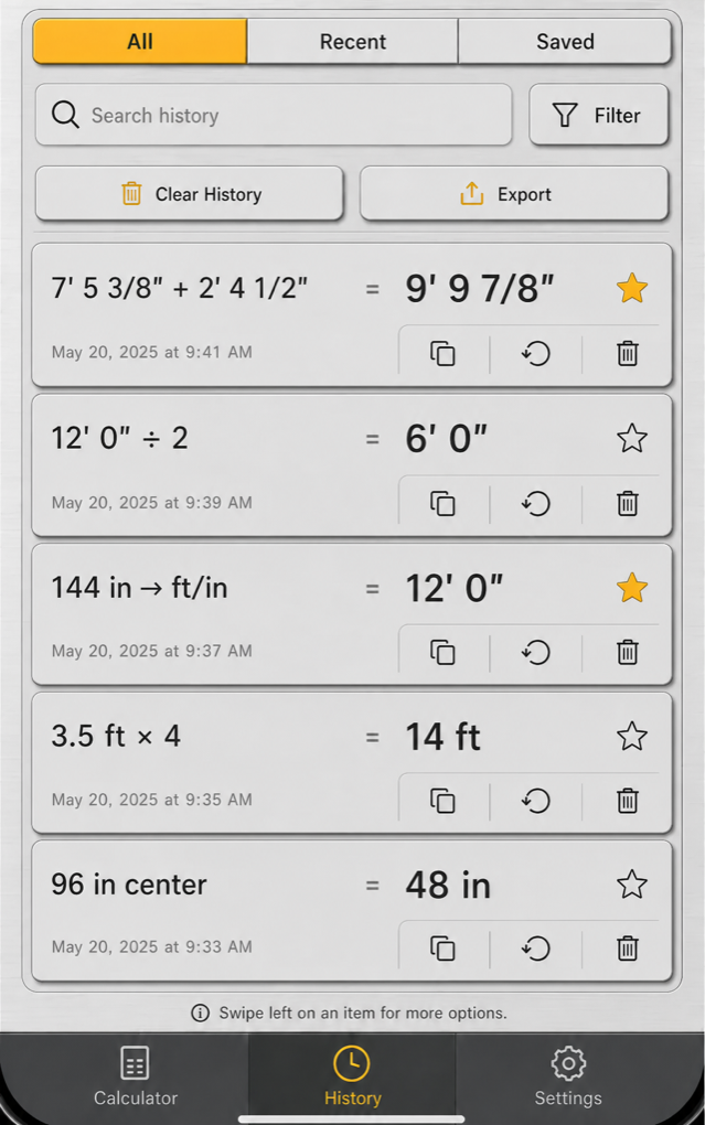 Calculation history screen